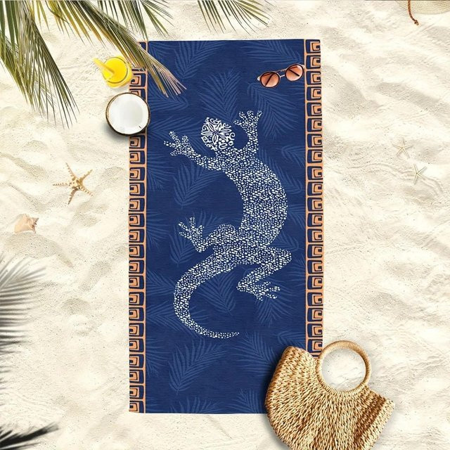 Tribal Gecko Strandtuch von JMG Household Supplies mit Tropischem Palmenblatt- und Griechischem Schlüssel-Druck, schnelltrocknend und saugfähig, B/B: 70 x 140 cm, Farben: Weiß, Blau, Gold - Bild 1