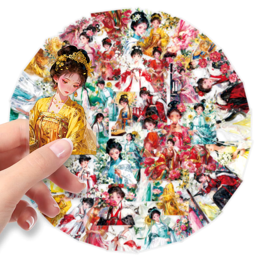 Transparente Cartoon Mädchen Hanfu PET Aufkleber für Notebook und Schreibwaren, Mehrfarbig, 50 Stück - Bild 3