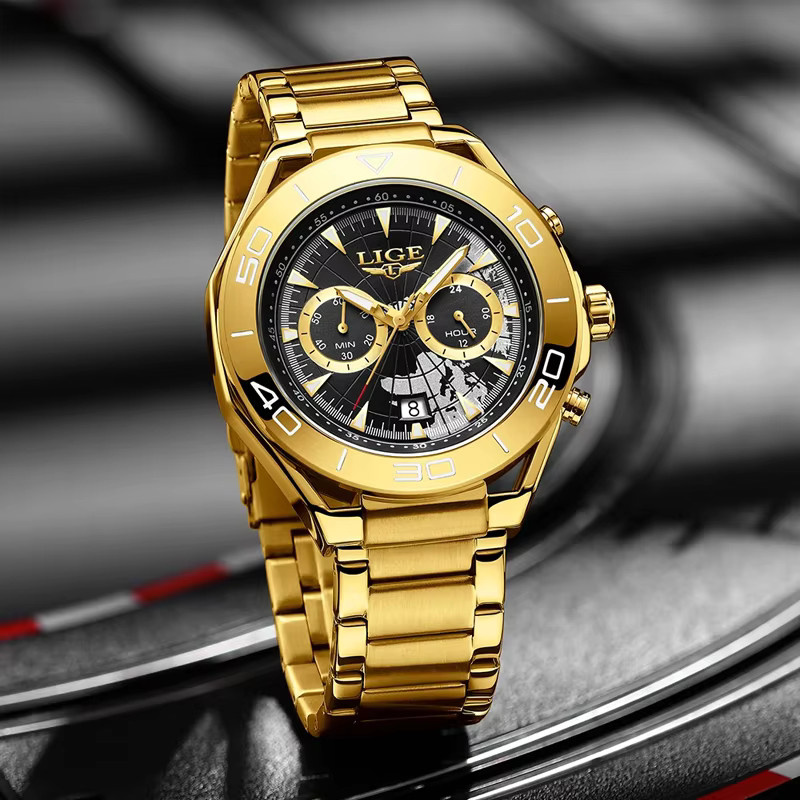 LIGE Armbanduhr Quarz, Edelstahl, Schwarz, Gold, Herren - Bild 6