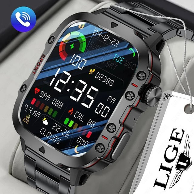 LIGE Smartwatch für Herren mit 1,96 Zoll Display, Bluetooth Anruf und Sprachassistent, Wasserdicht, Schwarz - Bild 1