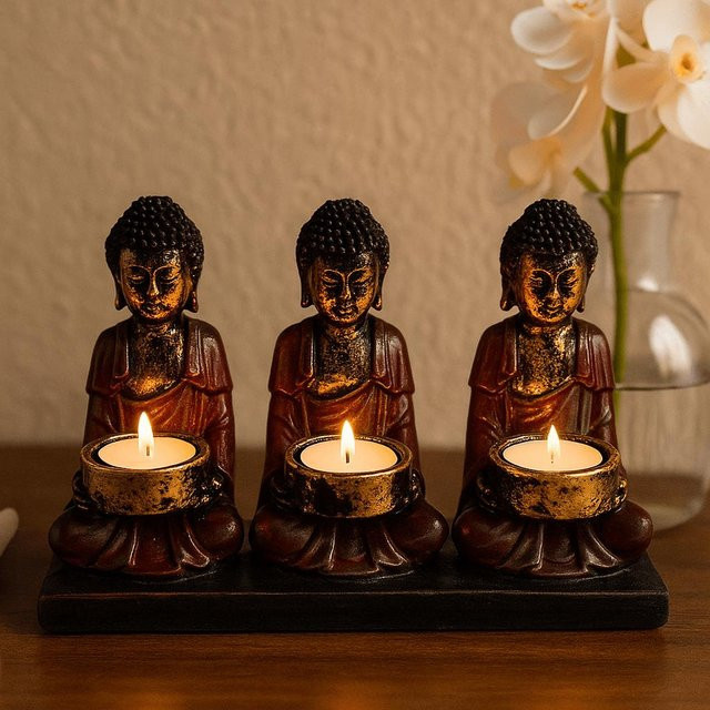 SHAMTAM Buddha Kerzenhalter Antik für Teelicht in Gold, Schwarz und Rot - Bild 1