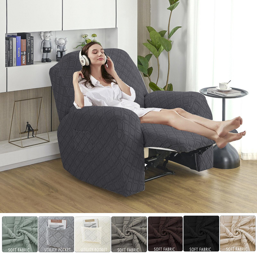 Rongquan 4-teiliger Stretch-Liegesessel-Überzug aus Jacquard mit Seitentasche, rutschfest, hellgrau - Bild 7