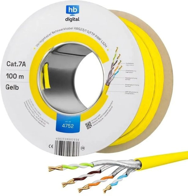 hb-digital Netzwerkkabel CAT 7a Verlegekabel S/FTP AWG23 LSZH Ethernet LAN, 100 m, Gelb - Bild 1