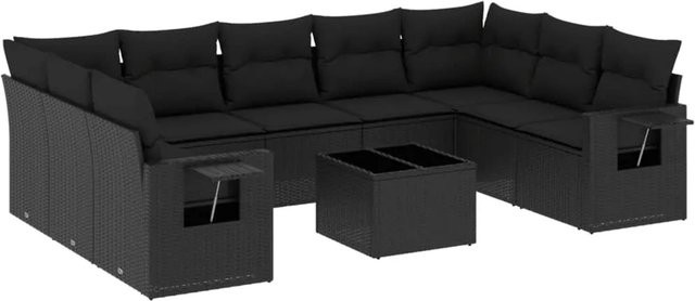 vidaXL 10-tlg. Garten-Sofagarnitur in L-Form aus Poly-Rattan mit Kissen, Schwarz - Bild 1