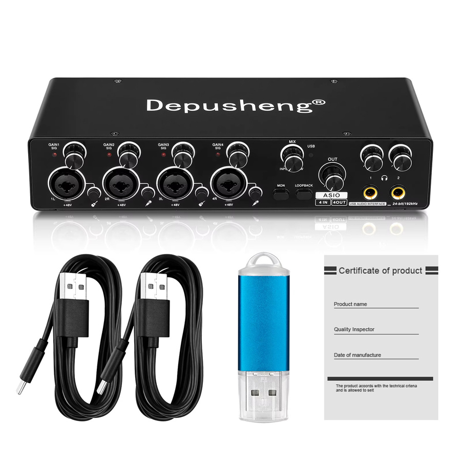 DEPUSHENG MQ44 ASIO Audio Professionelle Soundkarte USB Audio Interface mit 4 Kanälen, 4 Eingängen und 4 Ausgängen in Schwarz und Grau - Bild 3