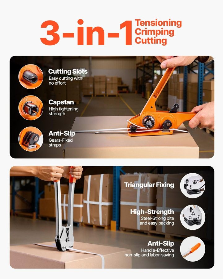 Buying Solutions MB Umreifungsband-Kit mit 100 m PP-Band in Orange, manuellem Kunststoff-Verschließwerkzeug und 100 Metall-Verschlüssen für die Palettenverpackung - Bild 4