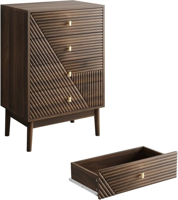 PXloue Kommode mit 4 Schubladen aus Holz im Mid-Century Design, Farbe Eiche Braun, B/T/H: 90 x 40 x 40 cm - Bild 1