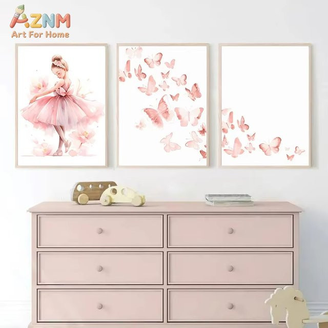 Kayou Dekorative Leinwandposter für das Kinderzimmer mit Ballerina, Einhorn und Schmetterlingen in Rosa - Bild 1