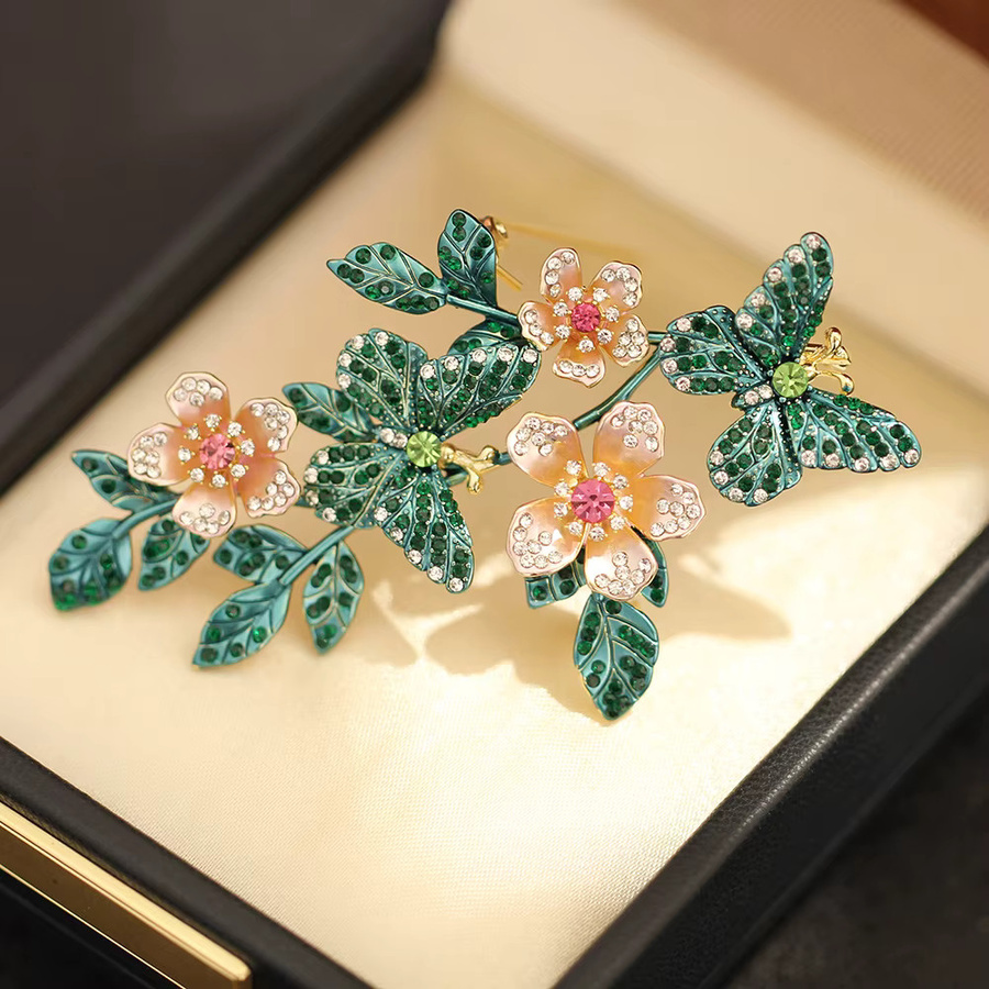SKEDS Brosche, Rosa Blume und grüner Schmetterling, Kristall, Damen - Bild 2