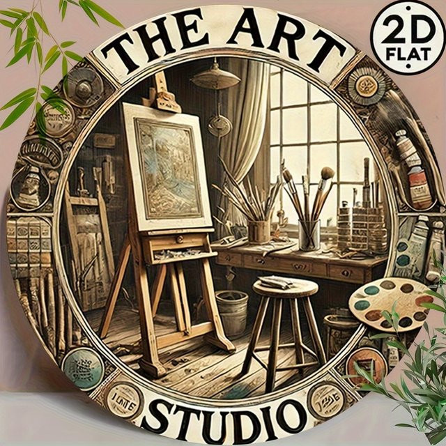 Potdemiel Vintage Wandkunst aus Metall, Runde Wanddekoration The Art Studio Szene, Mehrfarbig, Durchmesser: 20,32 cm - Bild 1