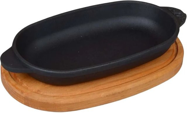 DELUKE Servierpfanne LUDI aus Gusseisen in Schwarz mit Holzuntersetzer, ovale Grillpfanne für Backofen und Grill, B: 22 cm, H: 14 cm, T: 2 cm - Bild 1