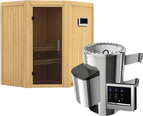 Karibu Sauna Tuckum aus Fichtenholz mit 3,6 kW Saunaofen und externer Steuerung für 3 Personen, Farbe: beige/braun, B: 202,0 cm, T: 184,0 cm, H: 165,0 cm - Bild 1