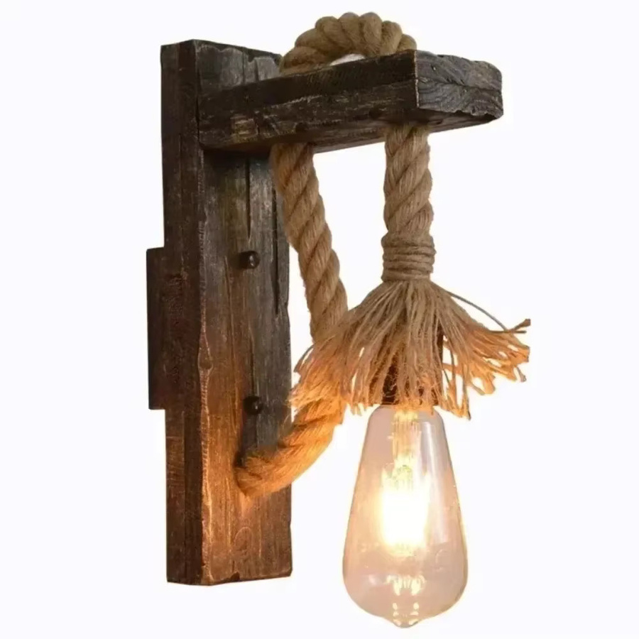 JOYINLED Retro Wandleuchte aus Naturholz mit Hanfseil und transparentem Glas in Braun - Bild 2