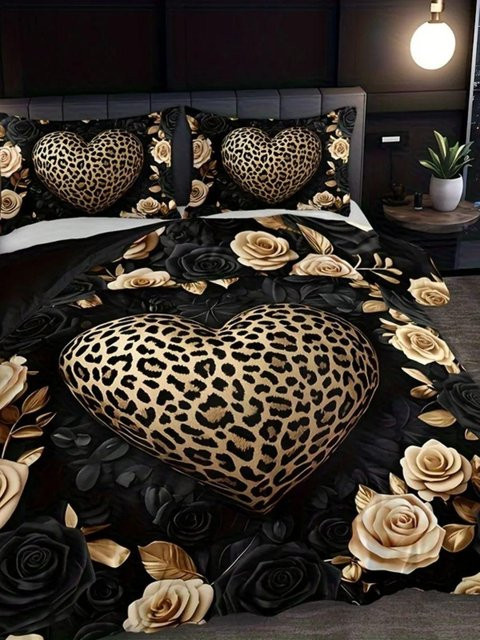 Bettwäsche-Set mit Leopardenmuster, Herz und Rosen in Schwarz, 3D-Druck aus Mikrofaser, B/H: 200 x 230 cm - Bild 1