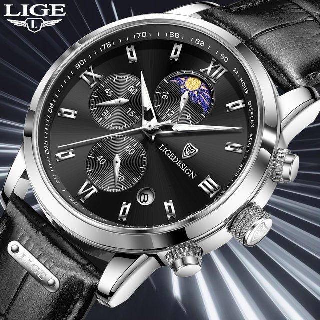 LIGE Armbanduhr Quarz, Leder, Schwarz, Herren - Bild 1