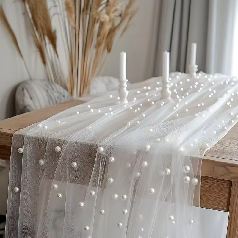 CCA Perlen-Chiffon-Tischläufer in Weiß, halbtransparente Gaze-Netztischdecke für Hochzeiten und Partys, Länge: 200 cm - Bild 3