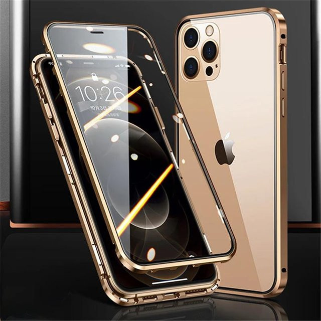 Razzle 360 Magnetische Metallhülle für iPhone 15 Plus aus gehärtetem Glas, Doppelseitige Telefonabdeckung in Gold und Transparent - Bild 1