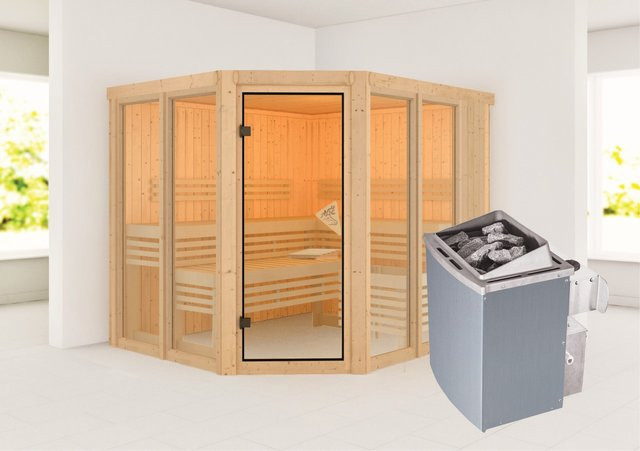 Karibu Sauna Airin 3 aus Fichte in Natur mit 9,0 kW Ofen und integrierter Steuerung, B/T/H: 231 x 198 x 231 cm - Bild 1