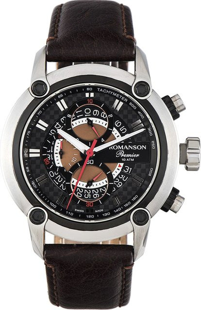 Romanson Chronograph Herrenuhr, Quarz, Edelstahl, 44 mm, Leder, Schwarz - Bild 1