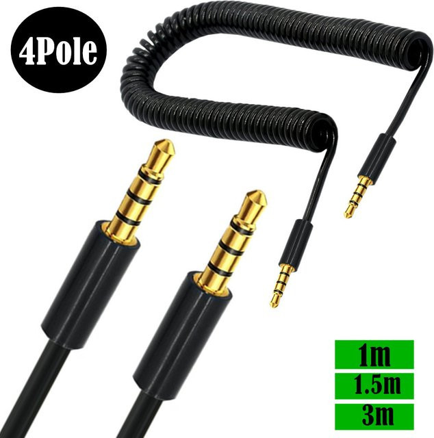 BSN Spiralkabel 3,5 mm Jack 4-poliges TRRS auf TRRS Stereo-Audio-AUX Verlängerungskabel in Schwarz - Bild 1