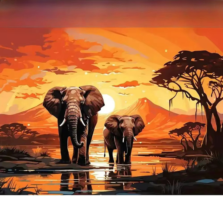 Huacan Diamant-Mosaik Set Elefant in Landschaft mit Sonnenuntergang, rund, Mehrfarbig, Durchmesser: 30 cm - Bild 4