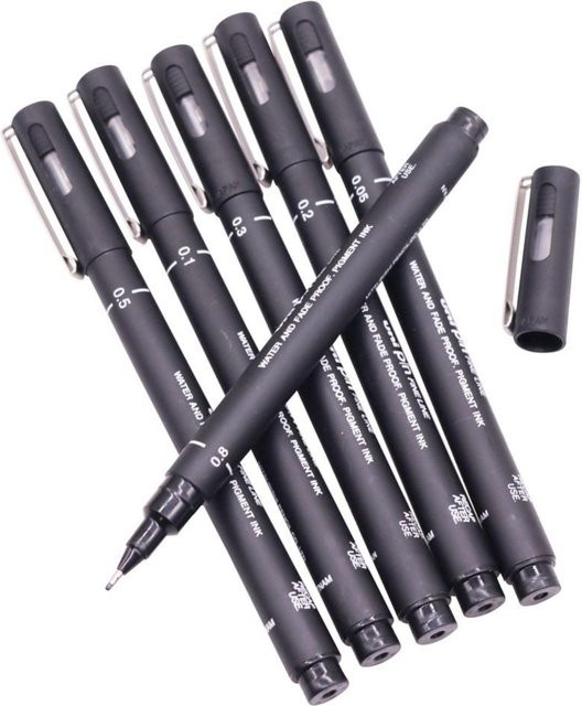 Mikron Fineliner Set aus 6 Pigment Tinten Schreibstiften in Schwarz mit den Stärken 005, 01, 02, 03, 05 und 08 für Kunst und Büro - Bild 1