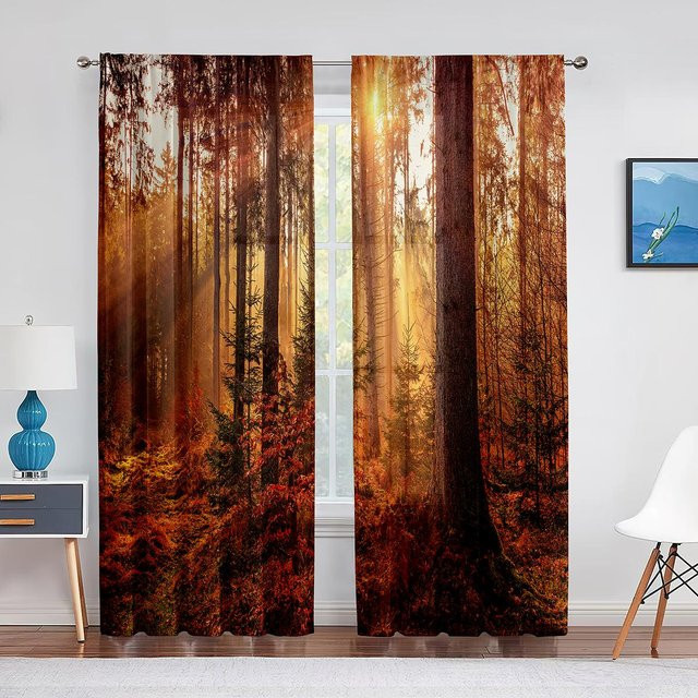 Super Six Herbstwald Tüllvorhang mit Naturmotiv, transparent, B: 150 cm, H: 250 cm - Bild 1