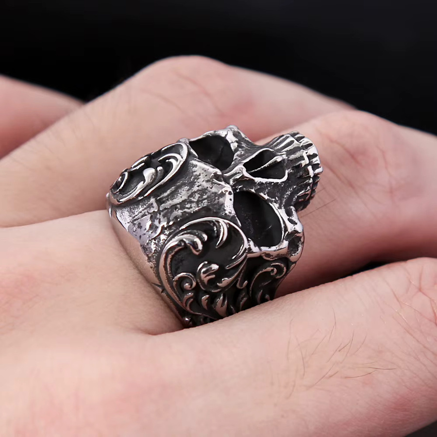 owlucky Ring Edelstahl, Schädel, Vintage, Silber, Unisex - Bild 3