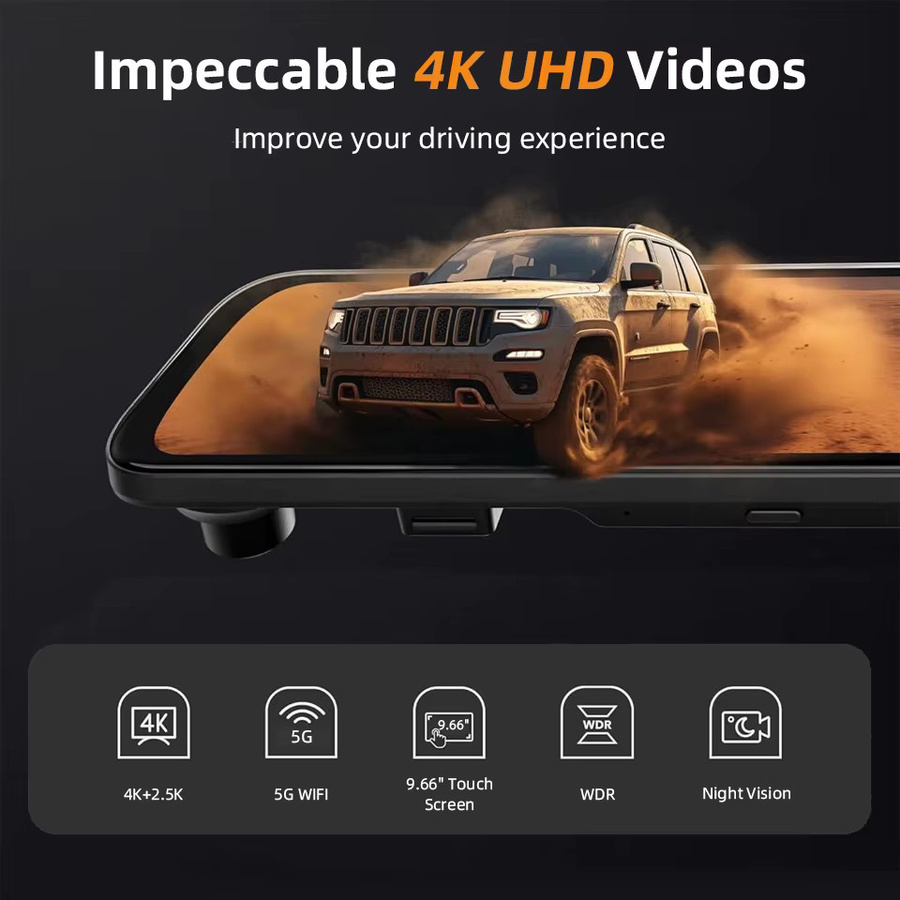 E-ACE 4K WIFI GPS Spiegelkamera für dein Auto mit Touchscreen-Videorekorder und optionaler 2.5K Rückkamera als DVR Black Box in Schwarz - Bild 2
