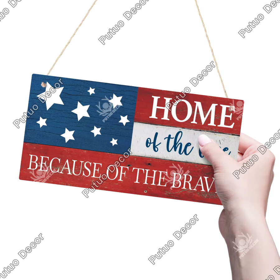Putuo Dekor Willkommen Holzschild als hängende Wandkunst für Home Office und Cafe zum Independence Day - Bild 1
