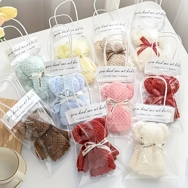 10 Set Teddybär Handtuch Geschenkset mit transparenter Tasche in Weiß/Plain - Bild 1