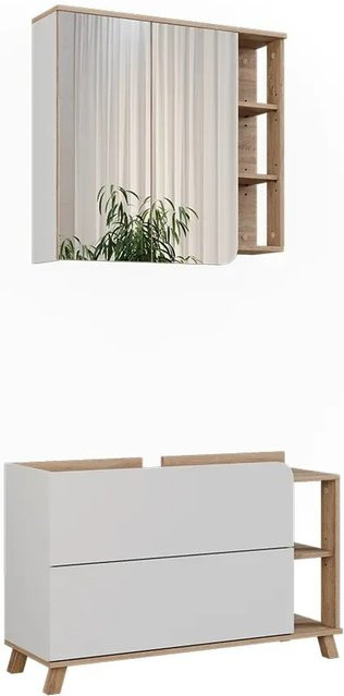 Vicco Badmöbel-Set Karen in Sonoma und Weiß, bestehend aus Waschtischunterschrank und Spiegelschrank, modern und wandmontiert - Bild 1