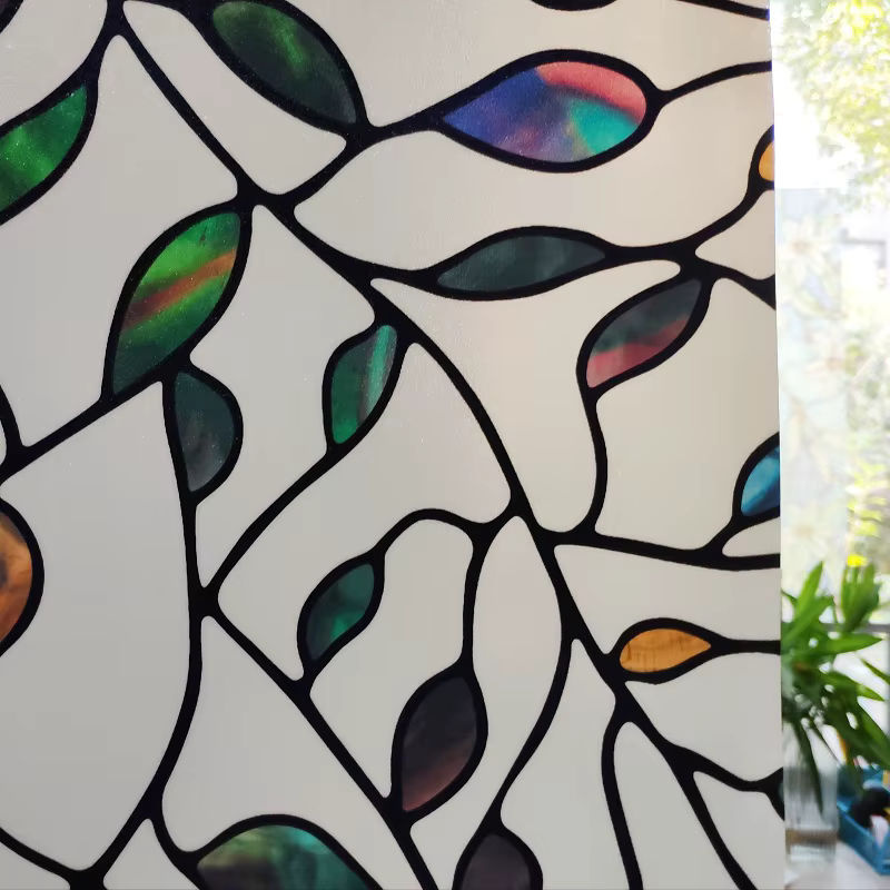 WXSHSH Glasfolie mit buntem Blattmuster, statisch haftendes Sichtschutz-Vinyl in floralem Design, wiederverwendbare Tönungsfolie für Heimbüro und Fenster - Bild 3