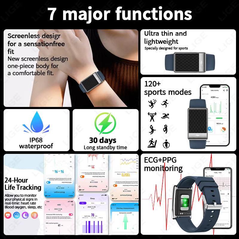LIGE Smart-Armband ohne Bildschirm mit EKG, PPG, Herzfrequenz, Blutdruck, Stressmessung und Temperaturanzeige, wasserdicht, Unisex Fitness Tracker mit SOS-Funktion - Bild 6
