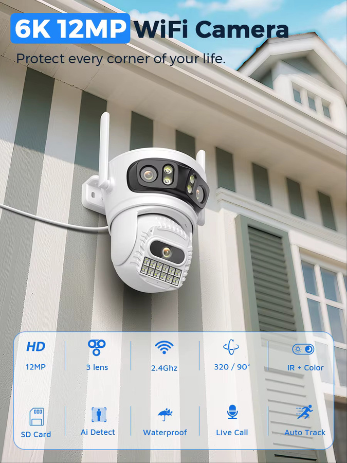 BESDER iCsee 6K 12MP HD Outdoor WiFi IP Kamera mit AI Menschlicher Erkennung, Wasserdichtes Dreifachobjektiv CCTV Video Security System, Weiß - Bild 2