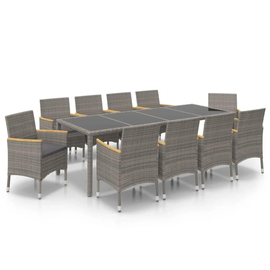 vidaXL 11-tlg Garten-Essgruppe aus Poly Rattan mit Kissen und Hartglas in Schwarz und Grau - Bild 2