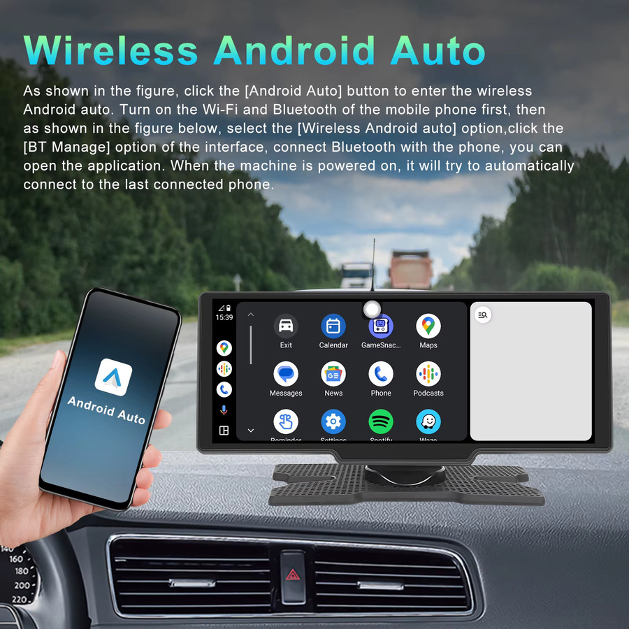 Podofo 10,26 Zoll Wireless CarPlay und Android Auto Tragbarer Smart Player mit Sprachsteuerung, Bluetooth und FM, Schwarz - Bild 2