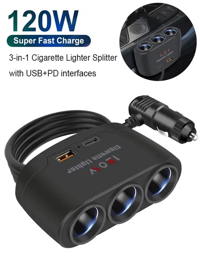 3-in-1 Dual USB 120W Auto Zigarettenanzünder Adapter mit Schnellladegerät für 12V und 24V in Schwarz - Bild 5