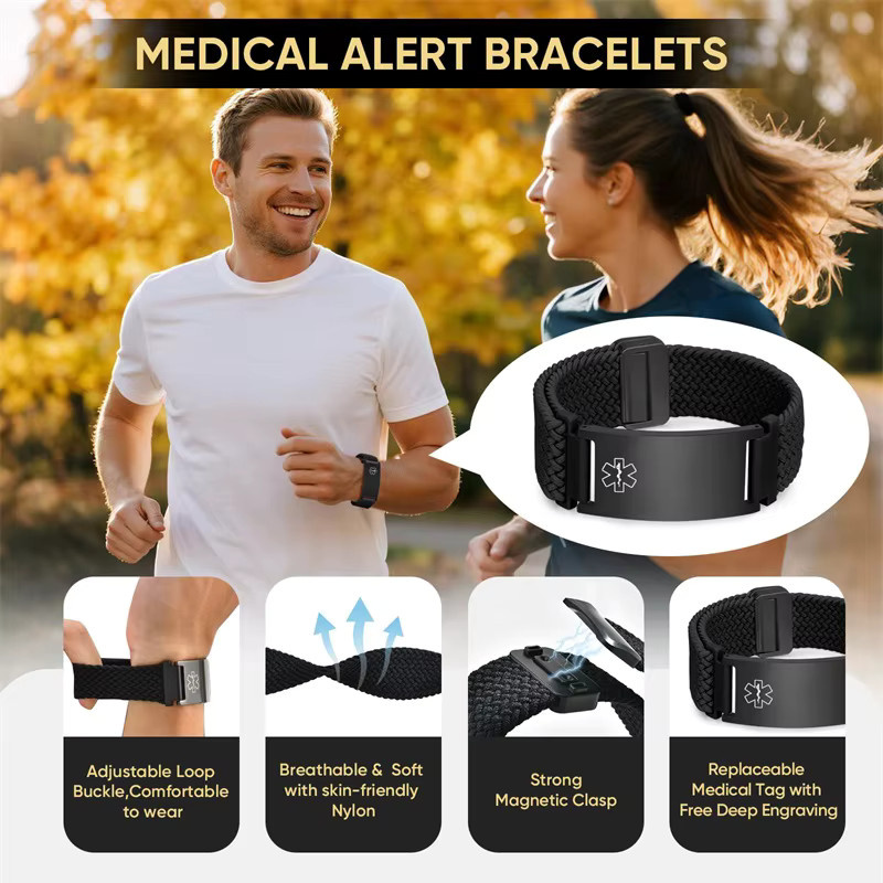 QKX Alarm-ID-Armband, Edelstahl, Schwarz, Unisex - Bild 3
