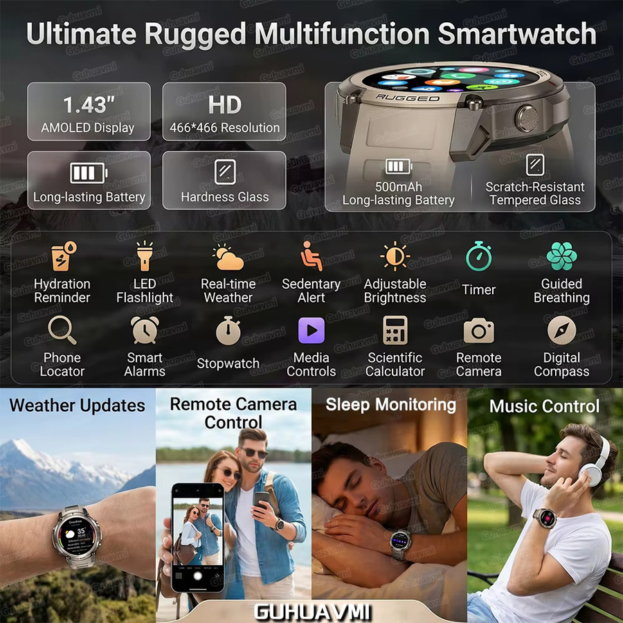 GUHUAVMI Outdoor-Sport-GPS-Smartwatch mit 1,43-Zoll-Bildschirm, Offline-Karte, NFC, Bluetooth-Anruf und 5ATM Wasserdichtigkeit in Gold - Bild 6