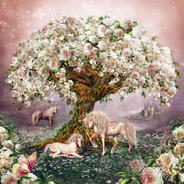 FIYO 5D Diamantmalerei Wandkunst Einhorn und Rosenbaum in Grau und Multicolour, B/H: 30 x 30 cm - Bild 1