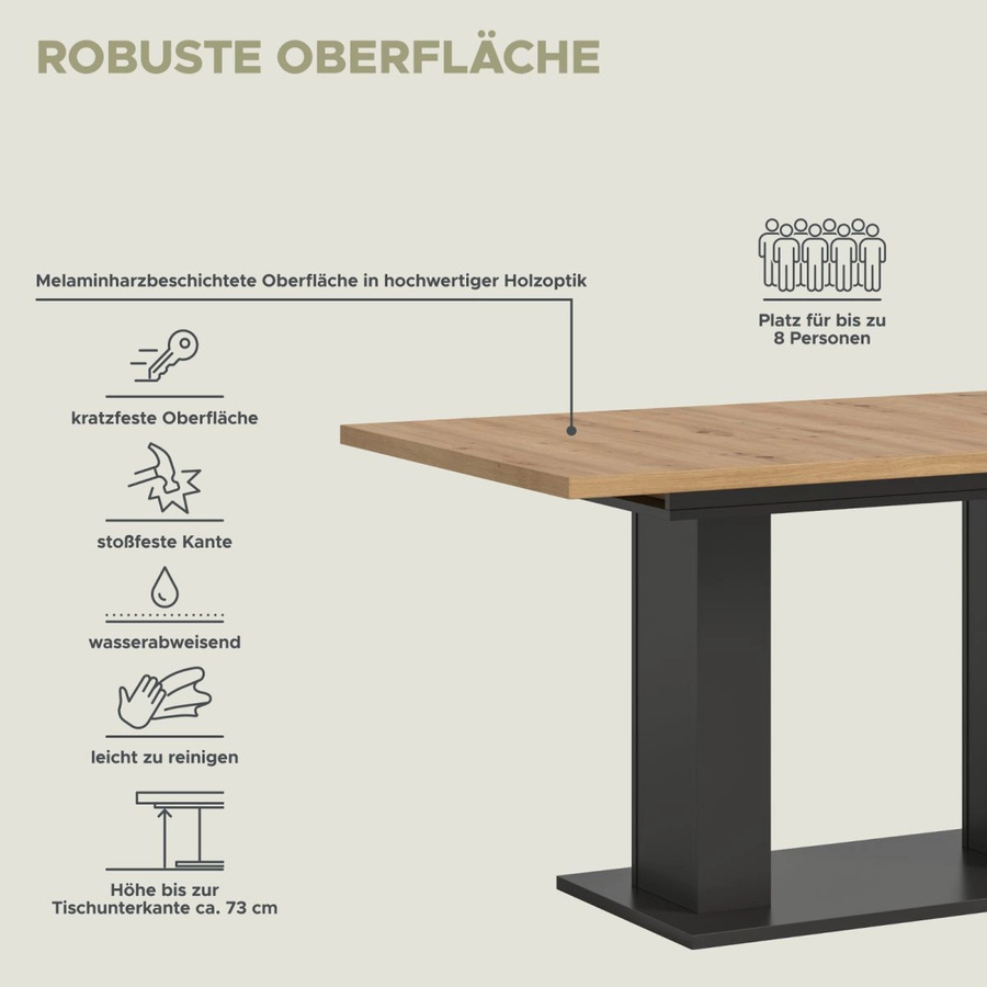 Ausziehbarer Esstisch Inn.Furn in Eiche und Grau, B/T/H: 150 x 90 x 76 cm (ausziehbar auf 190 cm) - Bild 6