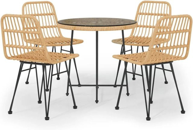 vidaXL 5-tlg Garten-Essgruppe Modell 16 aus Poly Rattan in Braun mit runden Hartglastisch - Bild 1