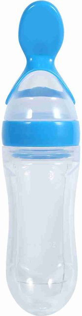 CosyHome Silikon Squeeze Feeder Baby Löffelflasche für Getreide und Lebensmittel, Blau-Weiß, 90 ml - Bild 1