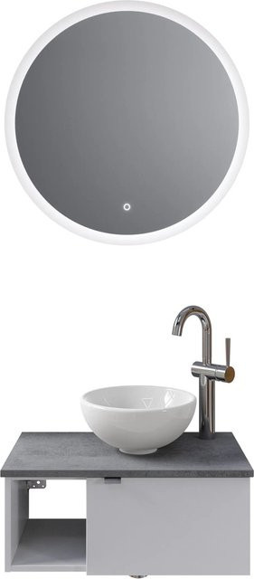 Pelipal Badmöbel-Set Serie 6915 in Weiß Glanz und Dunkelgrau Oxid mit Keramik Aufsatzbecken, Waschtischunterschrank und Funktionsspiegel mit LED-Beleuchtung und Sensor-Schalter - Bild 1