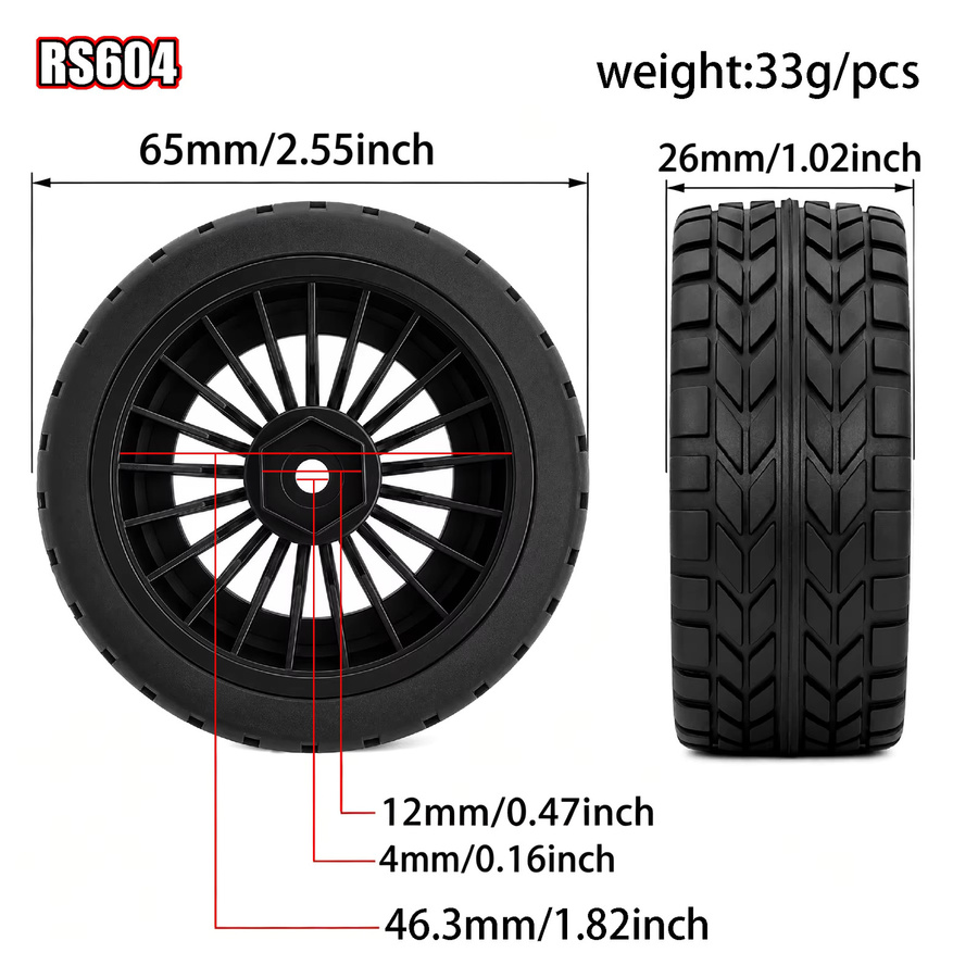 RS 1/10 RC On-Road Reifen, Kunststoffrad, 2,56 Zoll Außendurchmesser, 12mm Sechskant, ab 14 Jahren - Bild 3