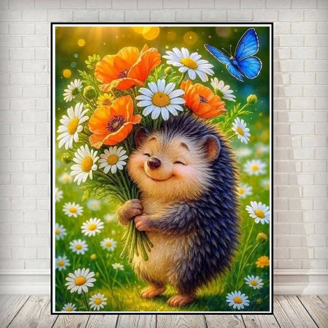 Potdemiel DIY Diamantmosaik Igel mit Gänseblümchen und Mohnblumen, buntes Diamantgemälde für Erwachsene, B/H: 20 x 30 cm - Bild 1