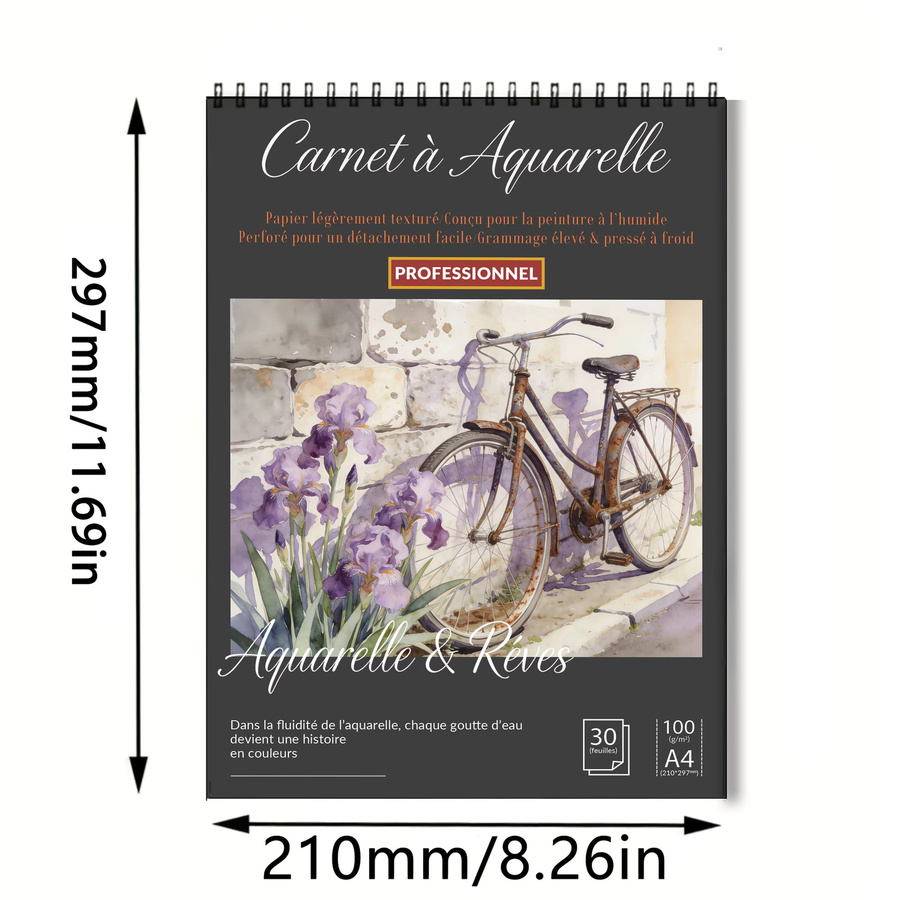 Spiralgebundenes Kunstskizzenbuch A4 mit schwarzem Hardcover und Vintage-Fahrrad- und Iris-Print, 100 GSM säurefreies Papier, blanko Seiten - Bild 2