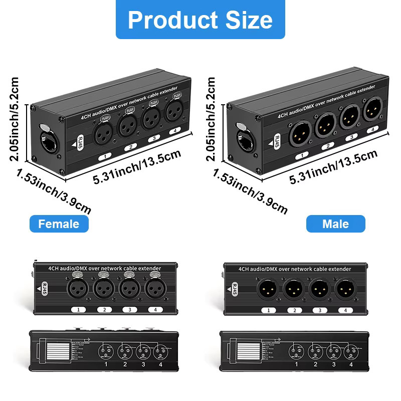 TITAK RJ45 CAT5 CAT6 zu 4-Kanal 3-Pin XLR DMX512 Audio-Extender, vergoldeter DMX-Netzwerksignal-Transceiver in Schwarz für Live-Bühne und Aufnahmestudio - Bild 7