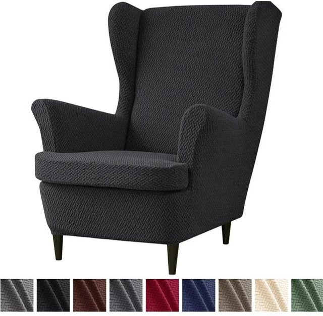 Einfarbiger Jacquard Ohrensesselbezug aus Stretch-Spandex mit Sitzkissenbezug, Grau/Mehrfarbig - Bild 1